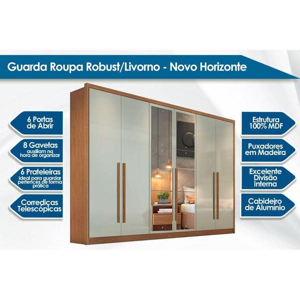 Imagem de Guarda Roupa 6 Portas  c/ Espelho e 8 Gavetas Robust Plus Freijó/FendiOff - Novo Horizonte