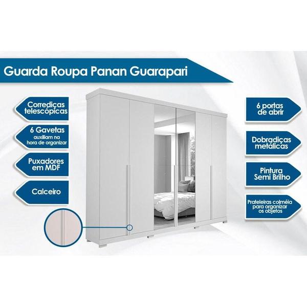 Imagem de Guarda Roupa 6 Portas  e 6 Gavetas c/ Espelho e Pés Guarapari Branco - Panan