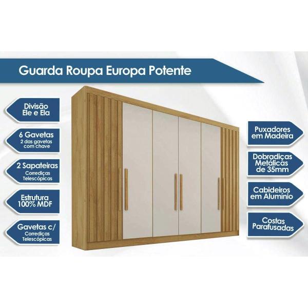 Imagem de Guarda Roupa 6 Portas Potente c/6 Gavetas e c/ 2 Ripadas Peroba/Off White - Europa