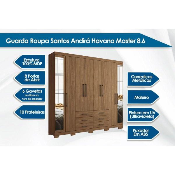 Imagem de Guarda Roupa 8 Portas  e 6 Gavetas c/ Pés e Espelho Master 8.6 Demolição - Santos Andirá