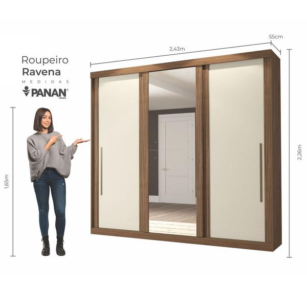 Imagem de Guarda Roupa Armário Roupeiro Casal MDF 3 Portas de Correr 4 Gavetas Quarto Marrom Madeira Off White