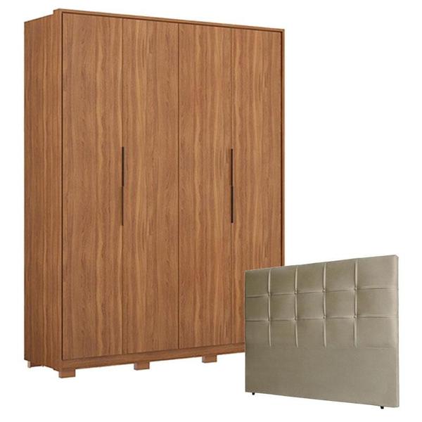 Imagem de Guarda Roupa Attore 4 Portas Amêndola com Pés e Cabeceira Luiza 140 cm Taupe   Demartêz 