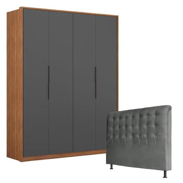 Imagem de Guarda Roupa Attore 4 Portas Amêndola Grafito com Cabeceira Ana 140 cm Cinza  Demartêz