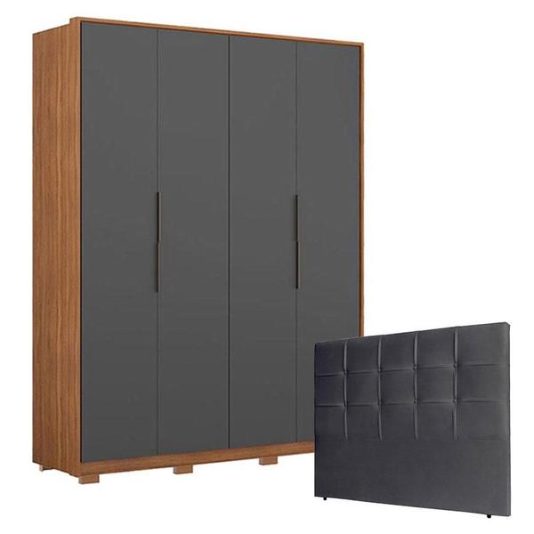 Imagem de Guarda Roupa Attore 4 Portas Amêndola Grafito com Pés e Cabeceira Luiza 140 cm Preto   Demartêz