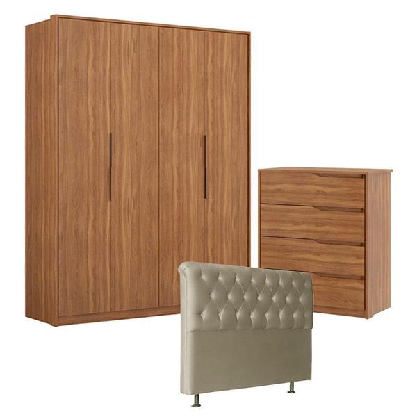 Imagem de Guarda Roupa Attore 4 Portas e Cômoda Atria Amêndola com Cabeceira Emilia 140 cm Taupe  Demartêz