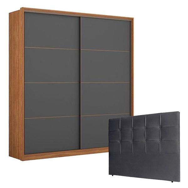 Imagem de Guarda Roupa Belga 2 Portas Amêndola Grafito com Cabeceira Luiza 140 cm Preto  Demartêz