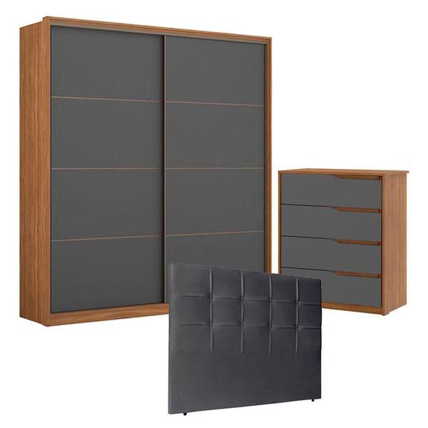 Imagem de Guarda Roupa Belga 2 Portas e Cômoda Atria Amêndola Grafito com Cabeceira Luiza 140 cm Preto  Demartêz