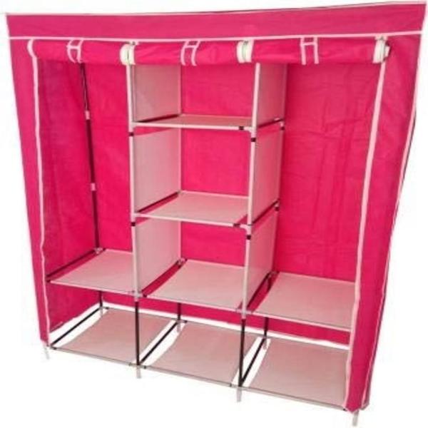 Imagem de Guarda roupa cabideiro portatil prateleiras dobravel armario arara grande organizador camping rosa