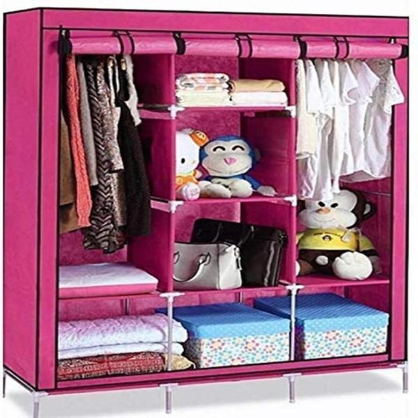 Imagem de Guarda roupa cabideiro portatil prateleiras dobravel armario arara grande organizador camping rosa