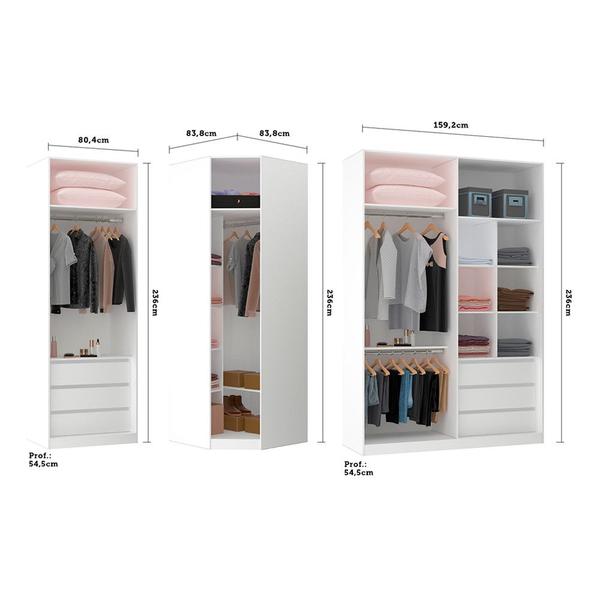 Imagem de Guarda Roupa Canto Closet sem Portas 3 Peças, 6 Gavetas, 4 Cabideiros Prime Luciane Móveis