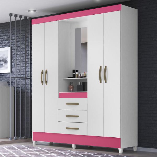 Imagem de Guarda Roupa Capri 165cm 4 Portas Branco Rosa Flex com Espelho Moval