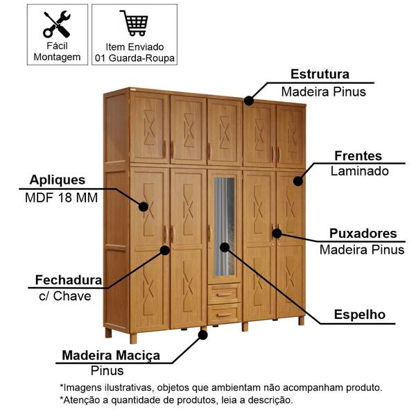 Imagem de Guarda-Roupa Casal 10 Portas e 2 Gavetas com Espelho em Madeira Dallas Carvalho - Straub Web