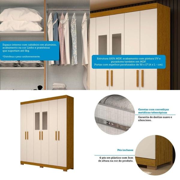 Imagem de Guarda Roupa Casal 100% Mdf 6 Portas 2 Gavetas Com Espelho Lana Acp Móveis Cinamomo/Off White