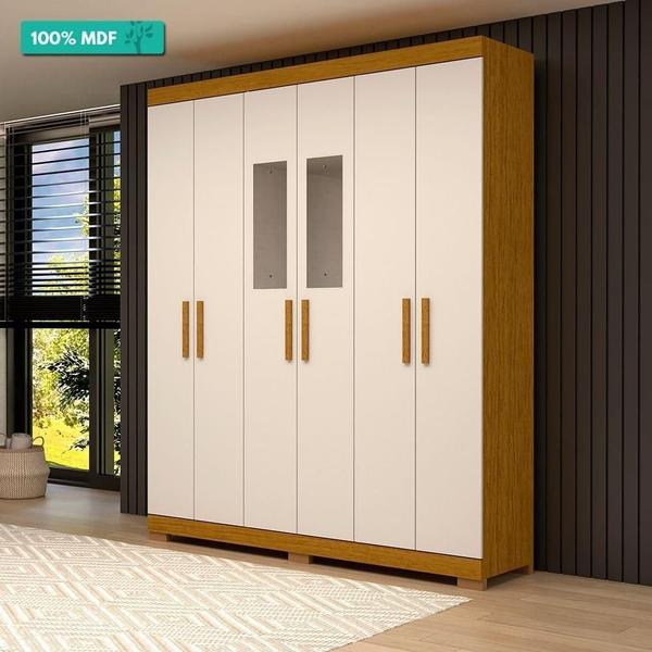 Imagem de Guarda Roupa Casal 100% Mdf 6 Portas 2 Gavetas Com Espelho Lana Acp Móveis Cinamomo/Off White