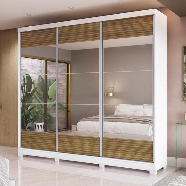 Imagem de Guarda-Roupa Casal 100% MDF Kappesberg 3 Portas de Correr com Espelhos 6 Gavetas Branco/Nogueira