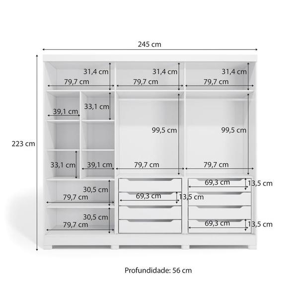 Imagem de Guarda-Roupa Casal 100% MDF Kappesberg 3 Portas de Correr com Espelhos 8 Gavetas Branco