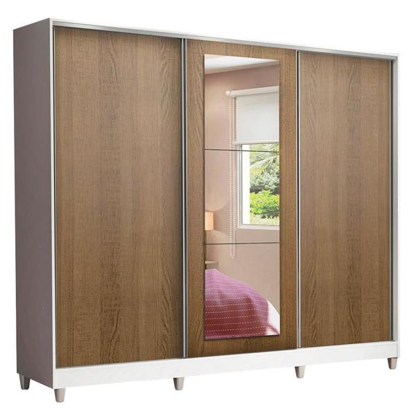 Imagem de Guarda Roupa Casal 100% MDF Madesa Eros 3 Portas de Correr com Espelho com Pés - Branco/Rustic