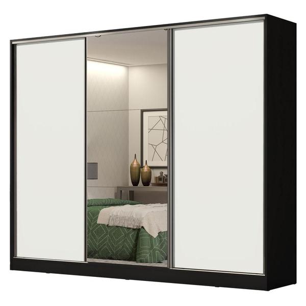 Imagem de Guarda Roupa Casal 100% MDF Madesa Royale 3 Portas de Correr com Espelho - Preto/Branco