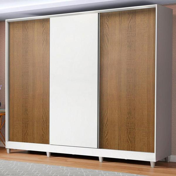 Imagem de Guarda Roupa Casal 100% MDF Madesa Royale 3 Portas de Correr com Pés - Branco/Rustic/Branco