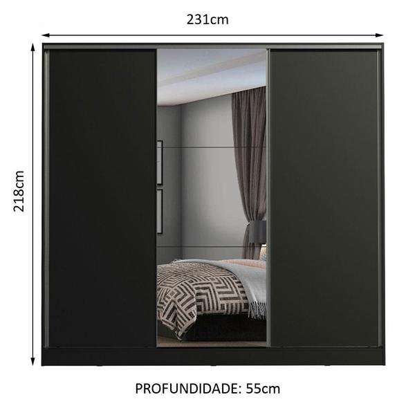 Imagem de Guarda Roupa Casal 100% MDF Madesa Zurique 3 Portas de Correr com Espelho - Preto