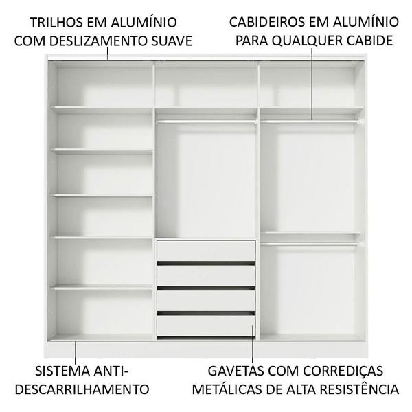 Imagem de Guarda Roupa Casal 100% MDF Madesa Zurique 3 Portas de Correr com Espelhos - Branco/Preto