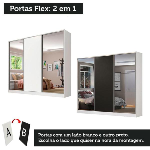 Imagem de Guarda Roupa Casal 100% MDF Madesa Zurique 3 Portas de Correr com Espelhos - Branco/Preto