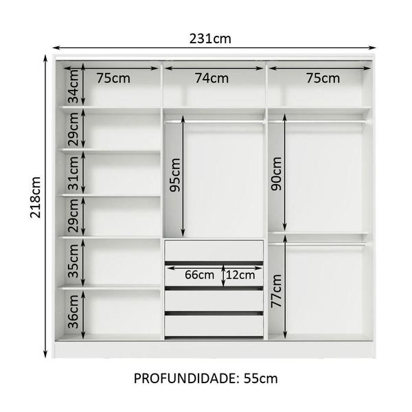 Imagem de Guarda Roupa Casal 100% MDF Madesa Zurique 3 Portas de Correr de Espelho - Branco