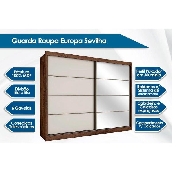 Imagem de Guarda Roupa Casal 2 Portas de Correr e 6 Gavetas c/ 1 Espelho Sevilha Branco - Europa