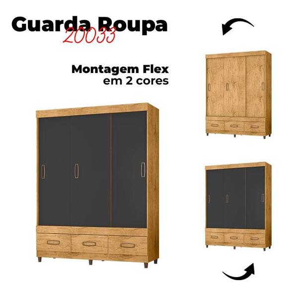 Imagem de Guarda Roupa Casal 20033 Flex com Cômoda 8000 e Multiuso 6020 Freijó Carbono - Araplac