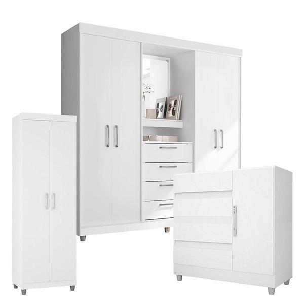 Imagem de Guarda Roupa Casal 2218 Multiuso 6020 e Cômoda 8000 Branco Brilho com Pés - Araplac