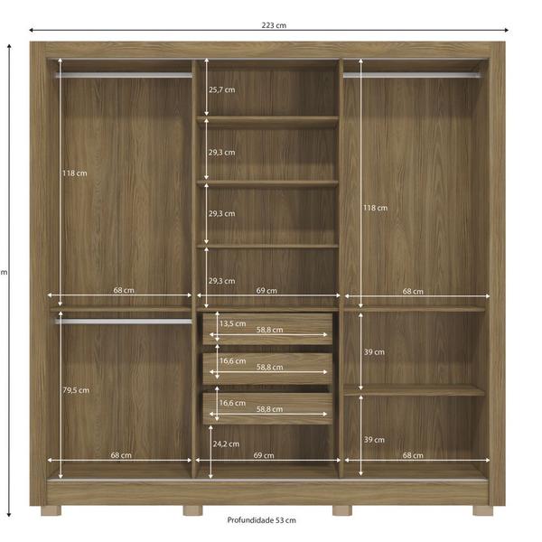 Imagem de Guarda Roupa Casal 223cm 3 portas de correr com 3 gavetas espelho e pés CB04M570 Kappesberg