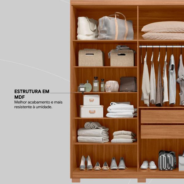 Imagem de Guarda Roupa Casal 3 Portas 2 Gavetas e 5 Prateleiras Dalila com Pés e Espelho Amendola Touch/Off White - Demóbile