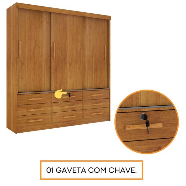 Imagem de Guarda Roupa Casal 3 Portas de Correr 9 Gavetas 199cm Chicago