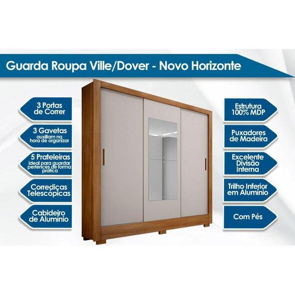 Imagem de Guarda Roupa Casal 3 Portas de Correr e 3 Gavetas c/ 1 Espelho e Pés Villa Branco - Novo Horizonte