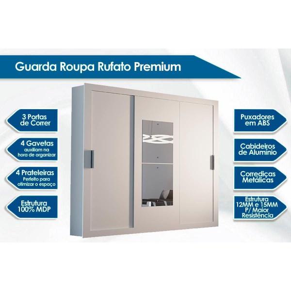 Imagem de Guarda Roupa Casal 3 Portas de Correr e 4 Gavetas c/ Espelho Veneza Premium Branco - Rufato