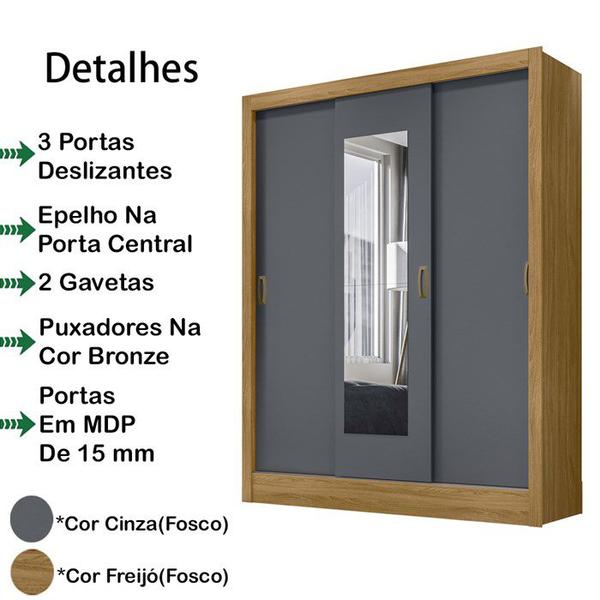 Imagem de Guarda Roupa Casal 3 Portas Deslizantes Com Espelho 9810 Freijo Cinza Moval