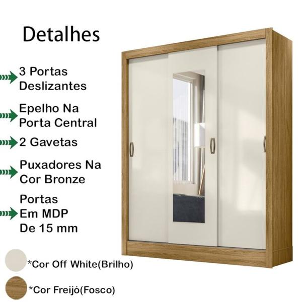 Imagem de Guarda Roupa Casal 3 Portas Deslizantes Com Espelho 9810 Freijo Off White Moval