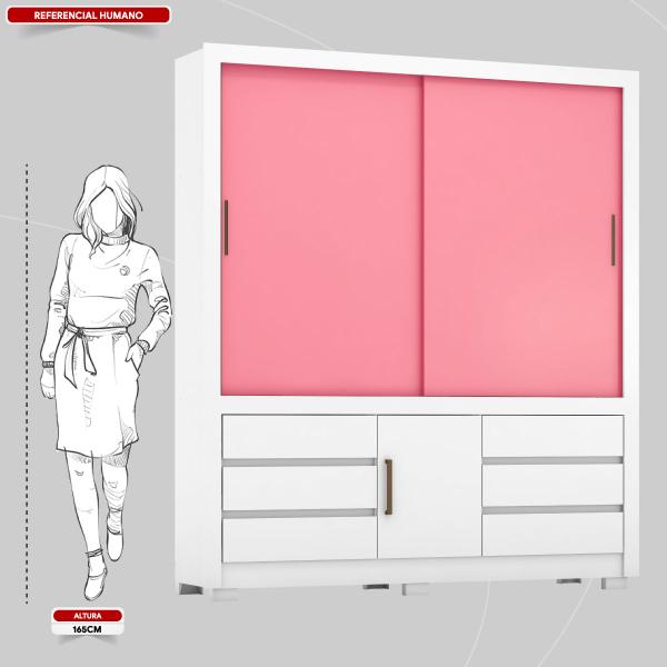 Imagem de Guarda Roupa Casal 3 Portas e 6 Gavetas Arbo Branco/Rosa/Branco - Demóbile