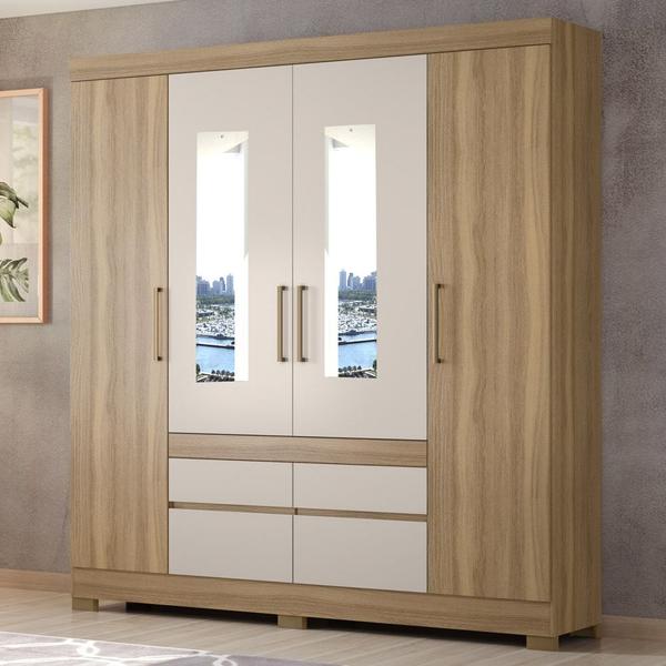 Imagem de Guarda Roupa Casal 4 Portas 2 Com Espelho 90cm 4 Gavetas Bilbão D02 Amendola/Off White - Mpozenato