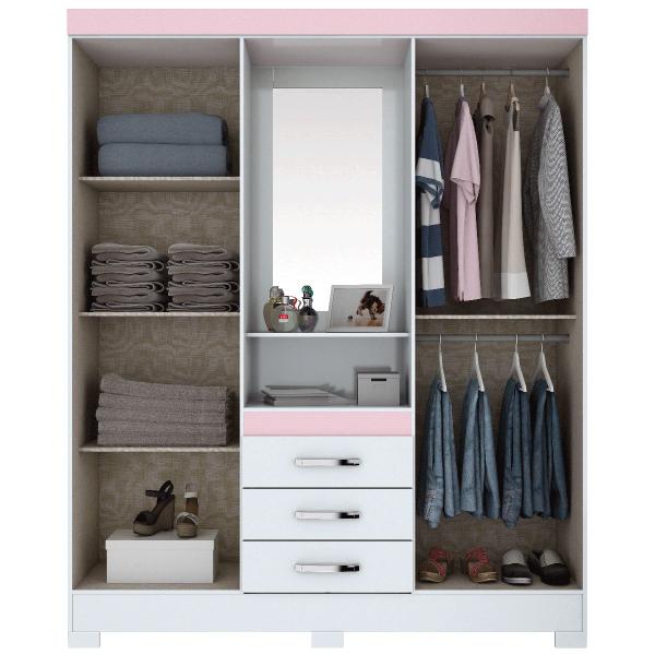 Guarda-Roupa Casal 4 Portas 3 Gavetas B24 Branco/Rosa Chá Flex