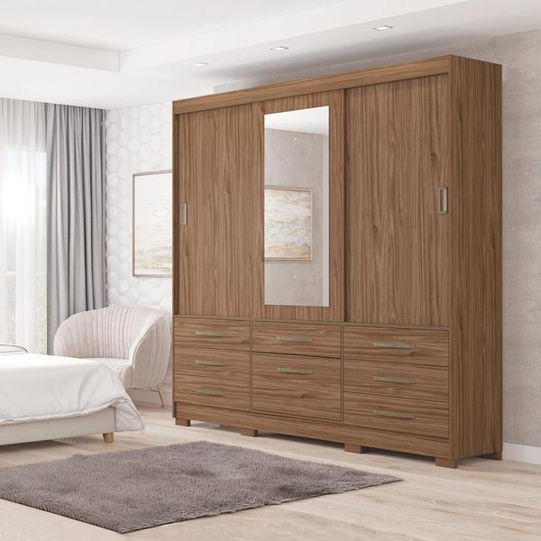 Imagem de Guarda Roupa Casal 4 Portas 7 Gavetas Sapateira e Espelho 100% MDF Panan Milão 222x192x51cm