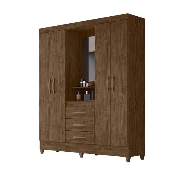 Imagem de Guarda Roupa Casal 4 portas com espelho 3 gavetas Capri Castanho Wood - Moval