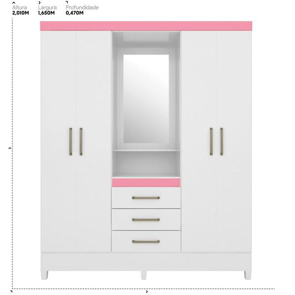 Imagem de Guarda Roupa Casal 4 Portas Com Espelho e 3 Gavetas Colombo - Branco/Rosa/Branco