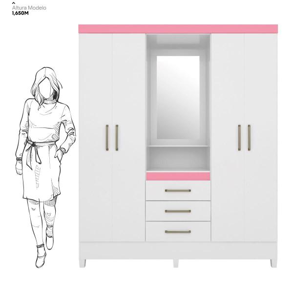 Imagem de Guarda Roupa Casal 4 Portas Com Espelho e 3 Gavetas Colombo - Branco/Rosa/Branco