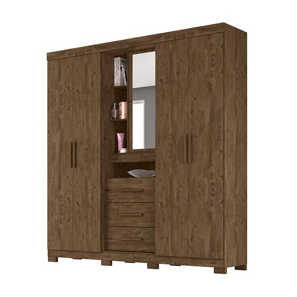 Imagem de Guarda Roupa Casal 4 portas com espelho e 3 gavetas Eldorado Castanho Wood / Baunilha - Moval