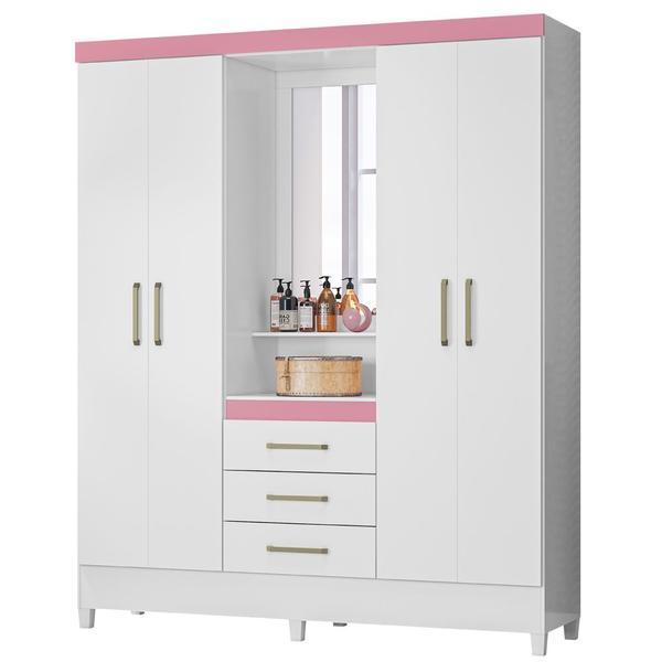 Imagem de Guarda Roupa Casal 4 Portas com Pés e Espelho Capelinha Pérsia Branco Rosa Flex 43220 Demóbile