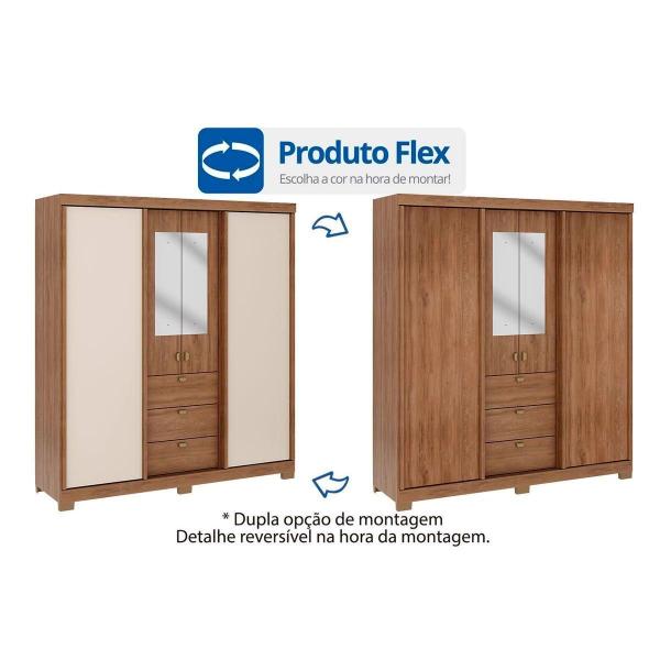 Imagem de Guarda Roupa Casal 4 Portas e 3 Gavetas c/ Espelho Fit 1174 c/ Pés Flex Freijo ou Freijo Off White - Carraro