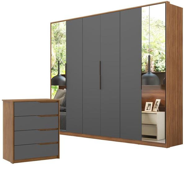 Imagem de Guarda Roupa Casal 6 Portas 2 Espelhos Atrice e Cômoda Átria 4 Gavetas Amêndola Touch Grafito Demartêz