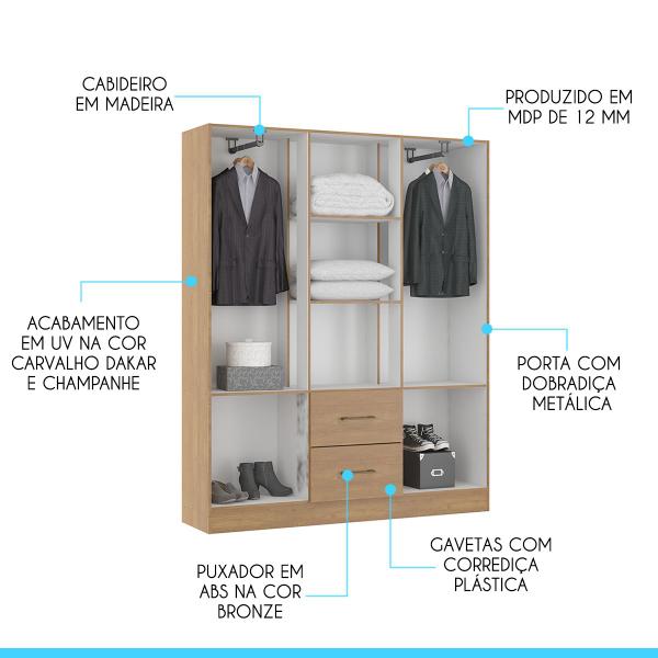 Imagem de Guarda Roupa Casal 6 Portas 2 Gavetas 139x172Cm MDP Carvalho 8006 MENU