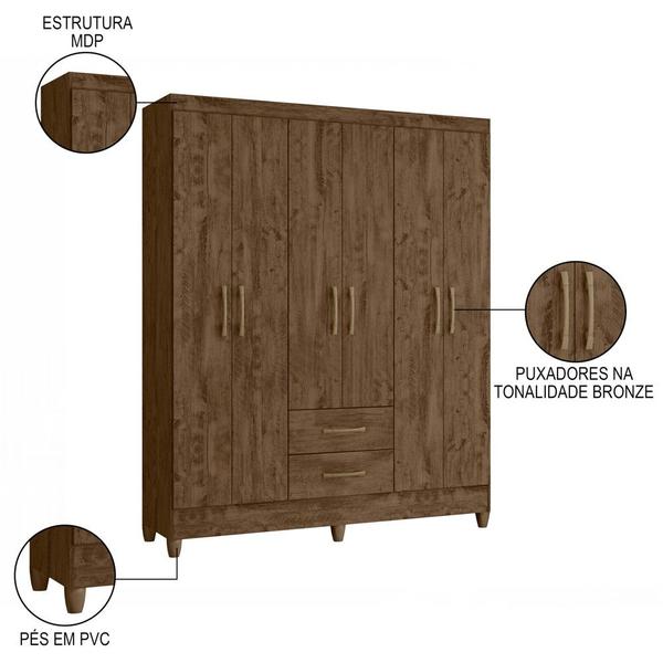 Imagem de Guarda Roupa Casal 6 Portas 2 Gavetas 153cm Paraná M07 Castanho Wood - Mpozenato